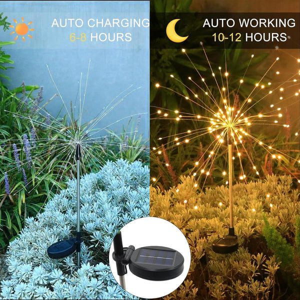 Solar Garden Firework Lights Outdoor Waterproof, 4 Pack Solar Lighting with 8 Lighting Modes, 120 LED Sparklers String Lights for outside Decor Yard Pathway Decorations(Warm)3