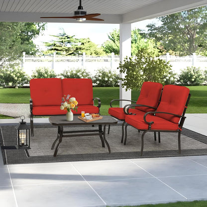 4Pcs Metal Outdoor Furniture Patio Conversation Set (Loveseat and Coffee Table, 2 Dining Chair) -Wrought Iron Patio Chair Set with Cushions (Red)7