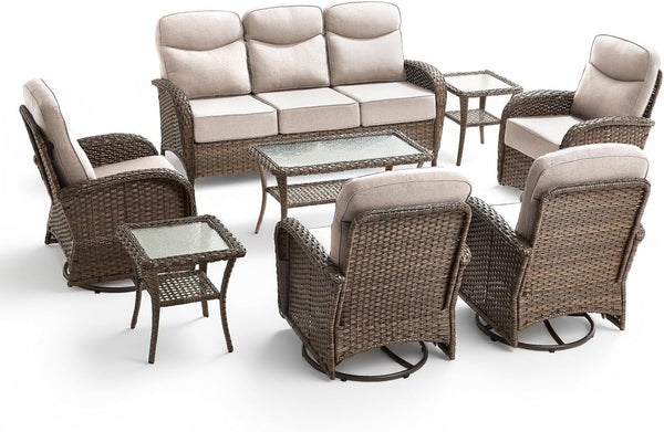 8 Pieces Luxury Outdoor Patio Furniture Set with 6-Inch Thick Cushions, Wicker Outdoor Furniture with High Back Swivel Patio Chairs Set of 4, Patio Conversation Set for Deck Garden Porch, Beige8