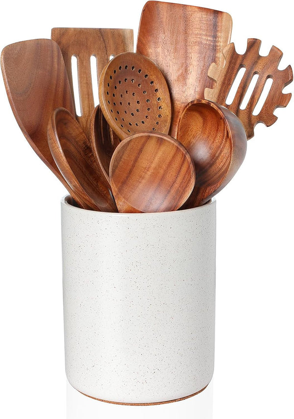 Wooden Cooking Utensils Set with Ceramic Holder,Teak Wood Utensils 10Pcs1