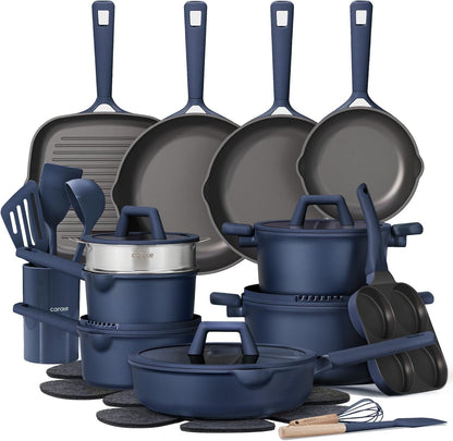 31Pcs Pots and Pans Set, Nonstick Cookware Set | Durable, Easy Food Release, Cooking Set with Silicone Utensils, Even Heating, All-Stovetop Compatible，Blue1