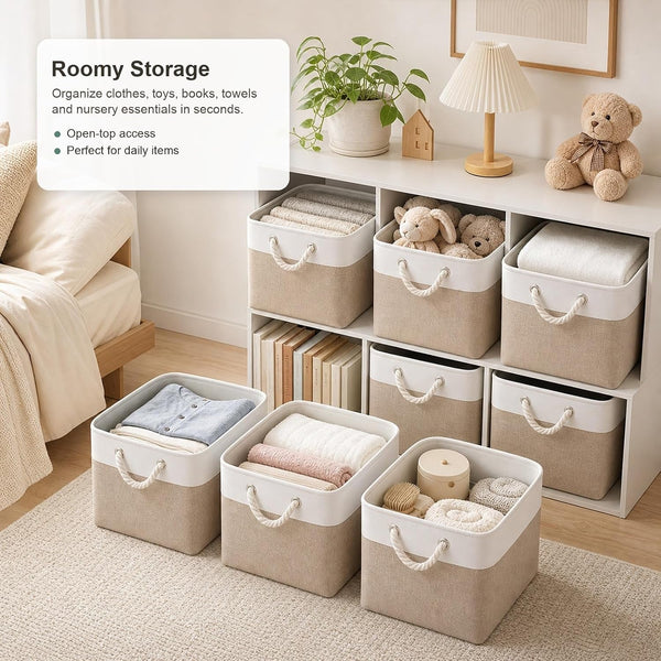 11X11 Inch Cube Storage Bins, 8 Pack Collapsible Fabric Storage Cubes with Rope Handles, Waterproof Foldable Storage Baskets for Cube Shelves, Closet, Clothes, Toys, Books, White & Beige Gold2