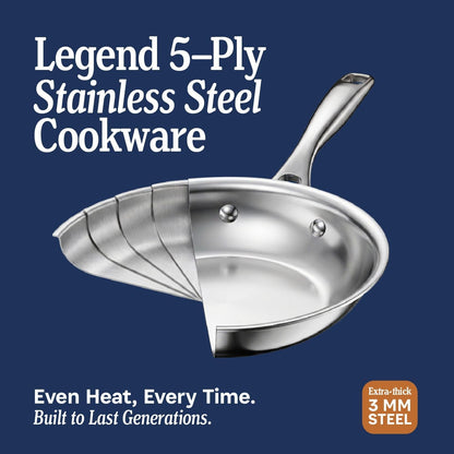 5-Ply Stainless Steel 12-Inch Frying Pan with Lid - Induction Compatible, Oven Safe 800°F - Non-Toxic, No Coatings - Even Heating, Won'T Warp - Built to Last Generations3