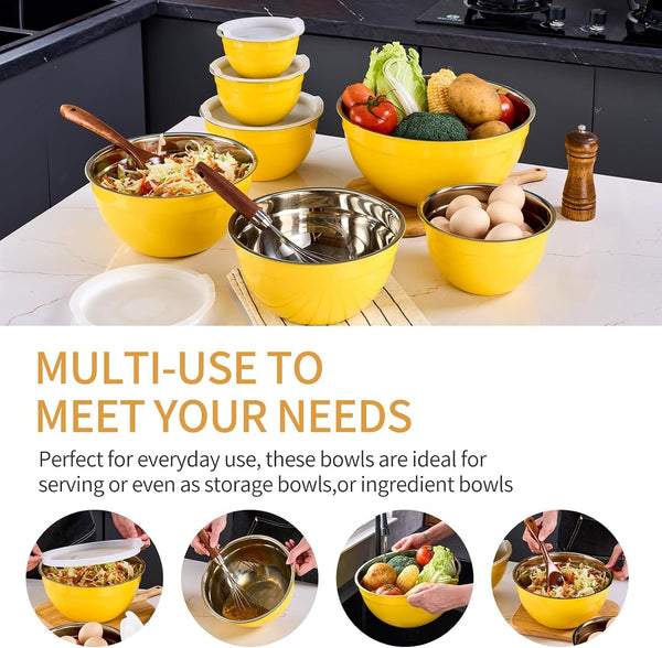 Yellow Mixing Bowls with Airtight Lids,Stainless Steel Bowl,Salad Bowls 7 Piece Colorful Nesting Bowl Yellow Kitchen Accessories,Size 7,3.6,2.7,2.1,1.5,1.1,0.8QT Stackable Design5