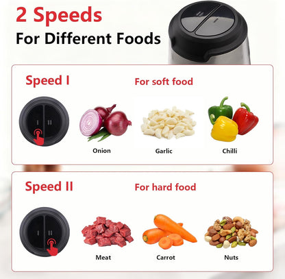 Electric Food Chopper, 350W Food Processor with 2 Bowls | Dual 8-Cup Stainless Steel Meat Grinder, 2-Speed Vegetable Chopper with 4 Sharp Blades for Nuts, Puree Recipes, Zero BPA3