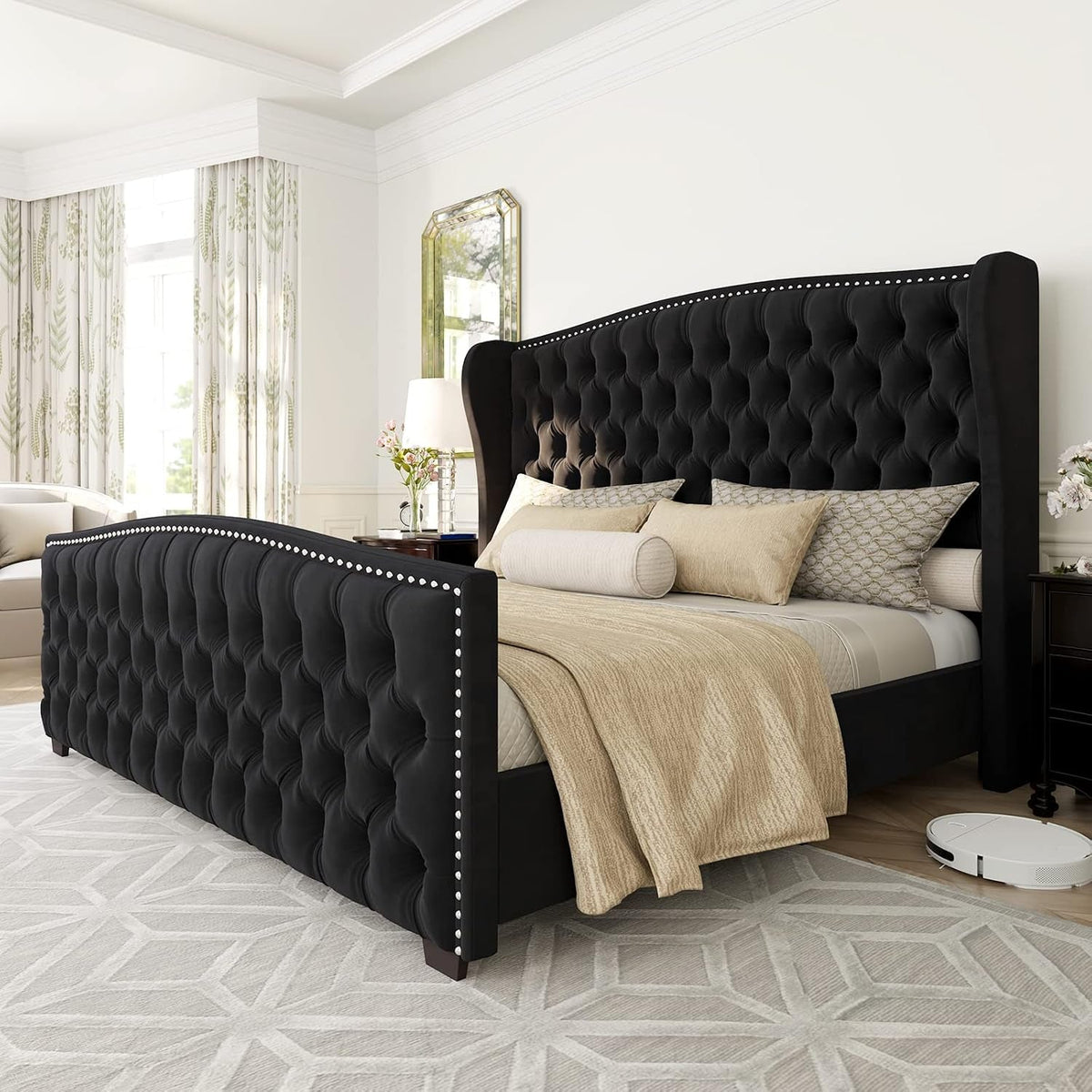queen-size-bed-frame-with-velvet-upholstered-wingback-headboard