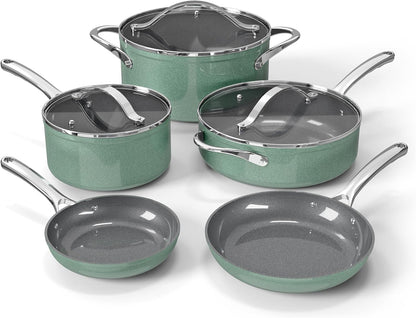 Bakken 12-Piece Ceramic Cookware Set, Nonstick Pots and Pans Set, Non-Toxic PTFE & Pfas-Free Cookware with Silicone Utensils, Induction & All Stovetops Compatible, Dishwasher Safe, Green1