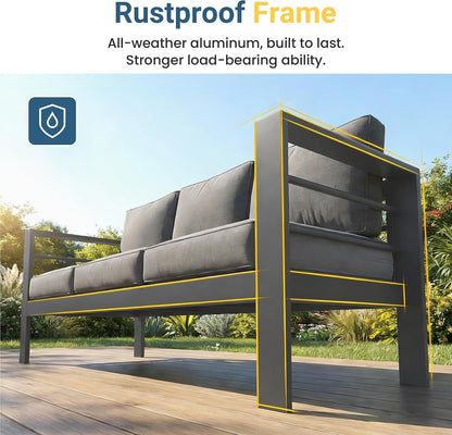 Aluminum Patio Furniture Set for All Weather, Oversized Metal Outdoor Furniture Set with 27.5" Deep Seat and 10" Back Cushion, Patio Conversation Sets with Wide Armrest, Dark Grey3