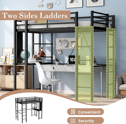Full Size Loft Bed with Desk, 13" Guardrails, Noise-Free, Black5