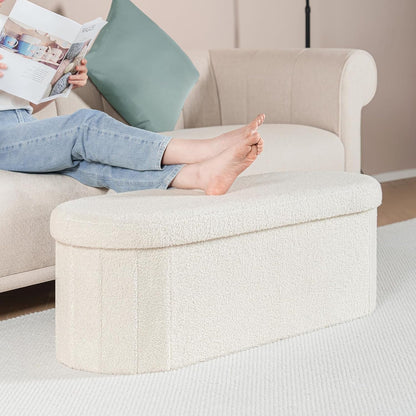 Ottoman with Storage for Living Room, Sherpa Folding Storage Ottoman Foot Rest, 43.3 Inches Collapsible Bedroom Bench White Cream6