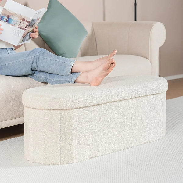 Ottoman with Storage for Living Room, Sherpa Folding Storage Ottoman Foot Rest, 43.3 Inches Collapsible Bedroom Bench White Cream6