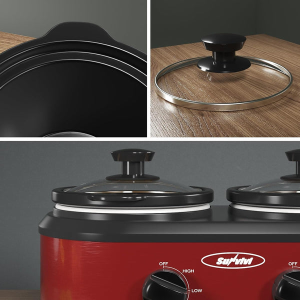 2 * 1.25 Quarts Dual Slow Cooker, Buffet Server & Warmer with 2 Removable Ceramic Pots, 3 Adjustable Temp Settings & 2 Visible Glass Lids, Stainless Steel, Red5