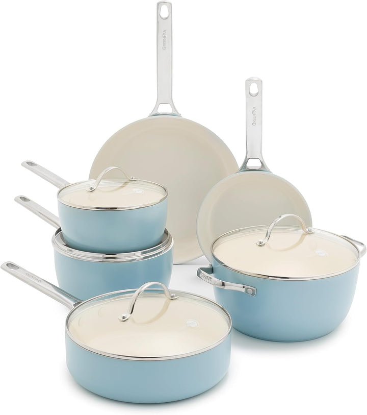 Padova Pro 10 Piece Cookware Pots and Pans Set, Hard Anodized Healthy Ceramic Nonstick PFOA and Pfas-Free, Induction Suitable, Stainless Steel Handles, Dishwasher and Oven Safe, Blue Haze