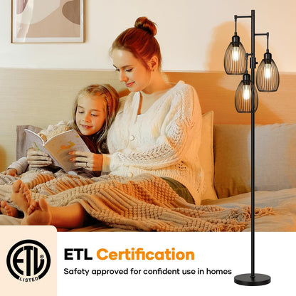 Dimmable Floor Lamp, 3 X 800LM LED Edison Bulbs Included, Farmhouse Industrial Floor Lamp Standing Tree Lamp with Elegant Teardrop Cage Tall Lamps for Living Room Bedroom Office Dining Room-Black7