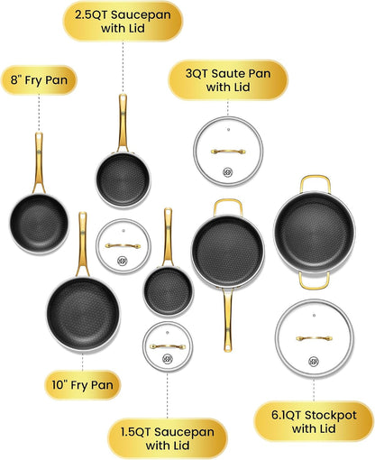 Gold Titanium Cookware Set 10Pc,Hammered Titanium Pans for Cooking with Lids,Nonstick, Non-Toxic, Titanium Surface, Luxury Gold Finish, Oven Safe, Induction Compatible, Kitchen Gift3