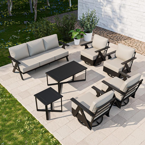 Iron Luxe 7 Piece Outdoor Patio Furniture Set, Modern Patio Conversation Set with 4 Swivel Rocking Chairs, a 3 Seat Couch, Coffee Table & Side Table for Deck, Garden, Porch, Black/Beige5