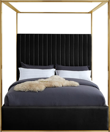 Meridian Furniture Jonesblack-Q Jones Collection Modern | Contemporary Upholstered Queen Bed, Black Velvet, Channel Tufting, Brushed Brass Frame, 66.5" W X 86.5" D X 79" H, Black, Queen4