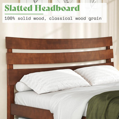Mid Century Queen Size Solid Wood Platform Bed, Slatted Headboard4