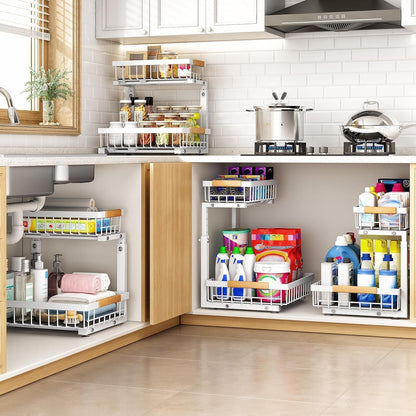 under Sink Organizer, Adjustable Height, 2 Tier Pull Out under Cabinet Organizer, Slide Out Thickened Metal under Sink Storage for Kitchen Bathroom Laundry Pantry Cabinet, White, Large-2-Pack7