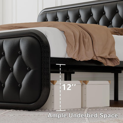 King Size Bed Frame, Upholstered Bed Frame with Faux Leather Headboard, Heavy Duty Platform Bed with Strong Metal Slats, 12 Inch Under-Bed Storage, Noise-Free, Easy Assembly, Matte Black6