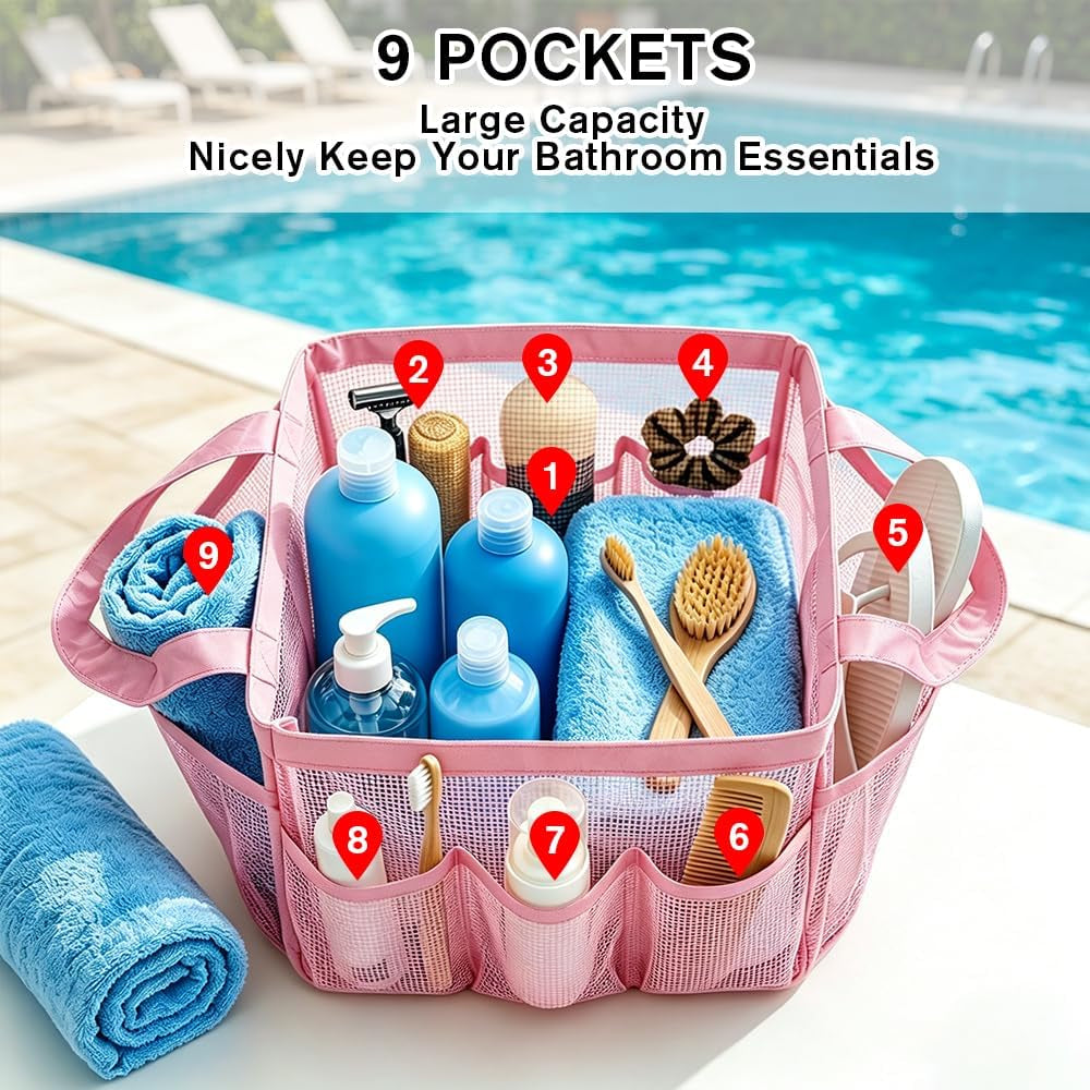 mesh-shower-caddy-portable-for-college-dorm-room-essentials-large-foldable-camp-travel-shower-bag-with-9-pockets-quick-dry-bathroom-toiletry-tote-bag-for-beach-swimming-gym-women-girl-pink