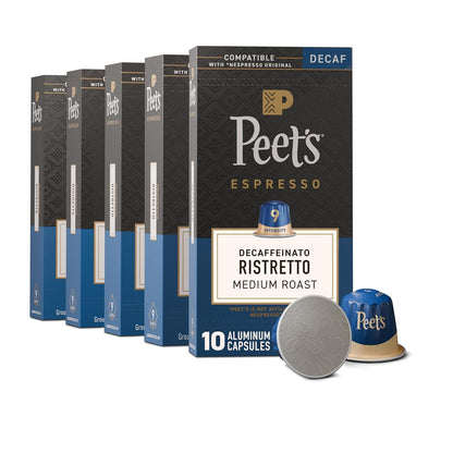 Peet'S Coffee, Medium Roast Decaf Espresso Capsules, Compatible with Nespresso Original Machine, Decaffeinated Arabica Coffee - Decaf Ristretto Intensity 10, 50 CT (5 Boxes of 10 Espresso Capsules)1