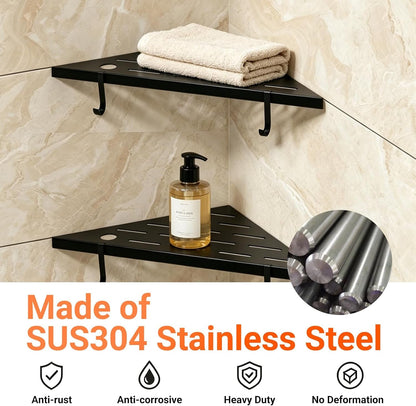 Corner Shower Shelves, 10" Matte Black 304 Stainless Steel Recessed Shelf for Bathroom，With Silicone Soap Dish and Razor Holder，Grout in Shelf with Hooks for Tiled Wall 2 Pack (Black)3