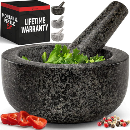 Heavy Duty Large 1.5 Cup Mortar and Pestle Set, 100% Natural Granite, 5.5 Inch Diameter Bowl, 6.2 Inch Pestle, Non-Slip Base, Stone Grinder for Guacamole Salsa Pesto Herbs Spices, Black1