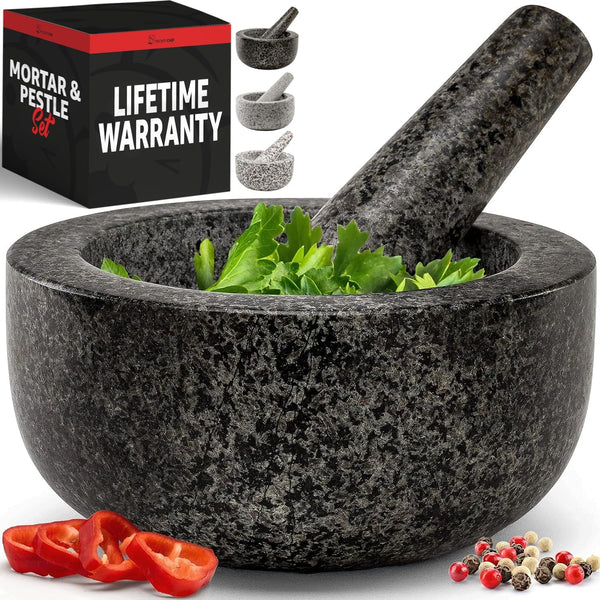 Heavy Duty Large 1.5 Cup Mortar and Pestle Set, 100% Natural Granite, 5.5 Inch Diameter Bowl, 6.2 Inch Pestle, Non-Slip Base, Stone Grinder for Guacamole Salsa Pesto Herbs Spices, Black1