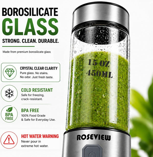 Portable Smoothie Blender  Glass Bottle USB Rechargeable Mini Handheld Ice Shakes Cup 2 Speed Blend Juicer Cordless Personal Smoothies Maker Fruit Mixer (Inoxsteel)3