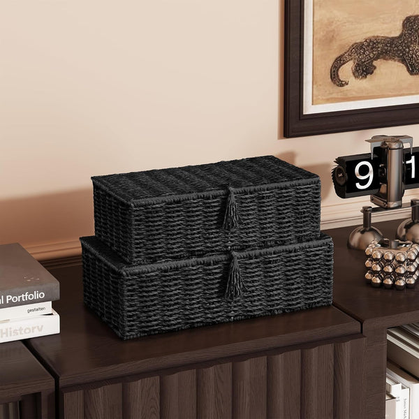 Wicker Shelf Baskets with Lid, Set of 2 Handwoven Wicker Storage Baskets for Shelves, Rectangular Storage Bins with Lids, Decorative Storage Boxes, Small Wicker Baskets for Organizing, Black6
