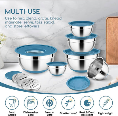 25PCS Mixing Bowls with Lid Set, Stainless Steel Nesting Prep Bowls with Grater Attachments Non-Slip Bottoms for Cooking, Baking, Serving, Food Storage, 4.6/2.6/2/1.5/1/0.7QT - Blue6