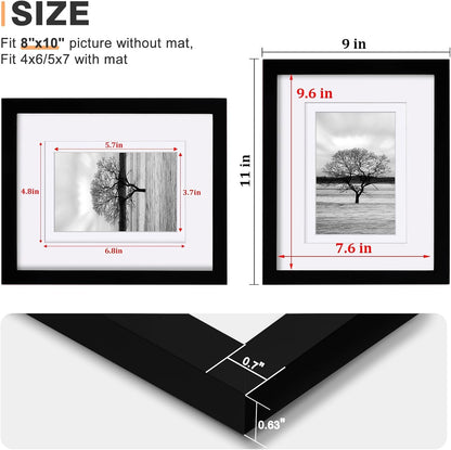 8X10 Picture Frames Set of 4, Made of Solid Wood Covered by Plexiglass 4X6 and 5X7 with Mat or 8X10 without Mat, for Table Top Display and Wall Mounting Photo Frame Black3