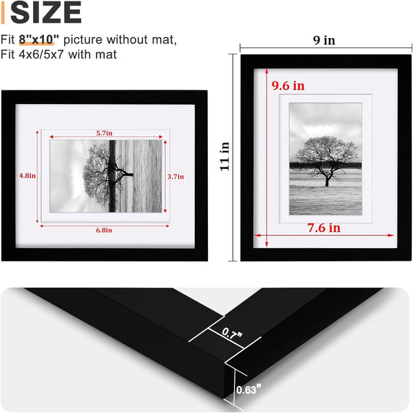 8X10 Picture Frames Set of 4, Made of Solid Wood Covered by Plexiglass 4X6 and 5X7 with Mat or 8X10 without Mat, for Table Top Display and Wall Mounting Photo Frame Black3