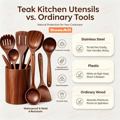 9 Pcs Teak Wooden Utensil Set with Hooks, Wooden Spoons for Cooking, Wood Cooking Utensils Set, Comfort Grip, Non Stick Cookware, Easy to Clean, Kitchen Stuff, Wood Spatula8