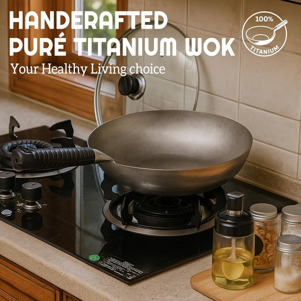 Pure Titanium Wok with Lid, Ultra Lightweight 2.5 Lbs Titanium Wok Single-Piece Molded No Coating Rivetless Handcrafted Frying Pan Durable Cookware for Gas Stove Home & Outdoor Camping2