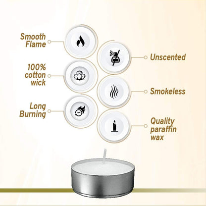 Tea Light Candles – Set of 100 Unscented Tea Lights – Burns Aprx. 4 Hours – Party & Ambience Candles – Restaurant Decorations4