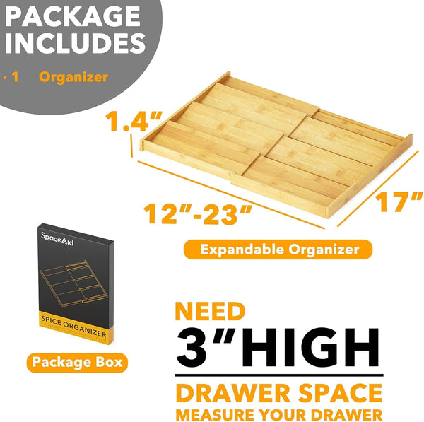 Bamboo Spice Drawer Organizer, (Need 3" Deep Drawer) Expandable 4 Tier Spices Rack for Cabinet, Kitchen Seasoning Storage Insert (Jars Not Included, from 12" to 23" Wide)5
