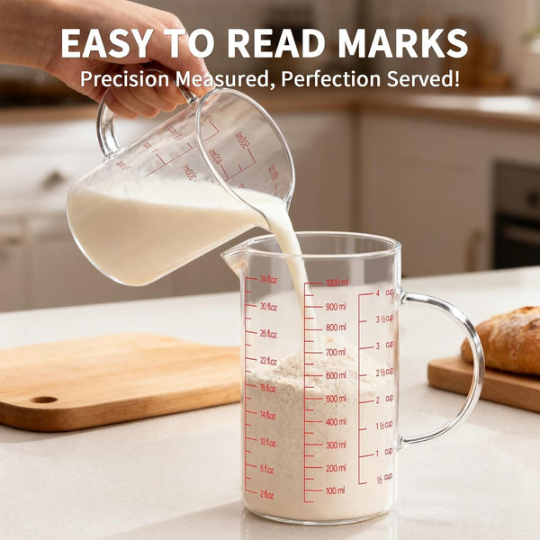 34OZ/1000ML Glass Measuring Cup, 4 Cup Glass Measuring Cups with 3 Scales (Ml/Oz/Cup), High Borosilicate Measuring Cup with Handle and V-Shaped Spout, Dishwasher/Freezer/Microwave Safe5