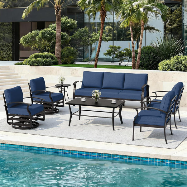 Aluminum Patio Furniture Set with Coffee Table Rectangular, 7-Seat Outdoor Sectional Furniture W/Swivel Chairs, Patio Conversation Set for Porch, Backyard, Poolside-Dark Blue1
