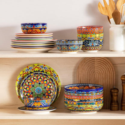 24-Piece Dinnerware Sets,Plates & Bowls Sets Service for 6, Bohemian Porcelain Dishes Set for 6, Kitchen Dinner Set,Microwave & Dishwasher Safe, Scratch Resistant,Series KRVI8
