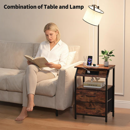 End Table with Floor Lamp, Nightstand with Charging Station, Floor Lamp Table with 3-Color Temperature Bulb, Bedside Table Night Stand with 2 Drawers for Bedroom, Living Room, Brown4