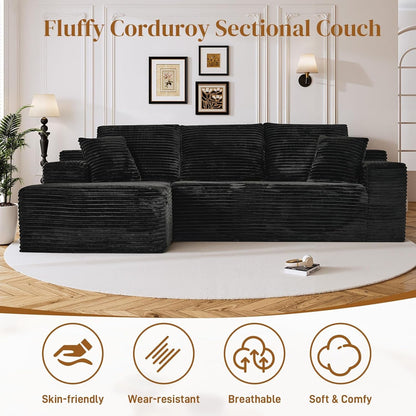 108" L Shaped Boneless Sectional Couches for Living Room, Wide Armrest, Deep Seat, Memory Foam, Assembly Free, Modern Comfy Corduroy Fluffy Cloud Sofa with Left Chaise, Black6