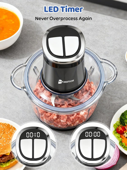 IRIITCH Food Processor with LED Timer, 800W Electric Chopper | 2 Bowls (12-Cups Glass Bowl+12 Cups Stainless Steel Bowl), 2 Set 6 Bi-Level S-Blades2