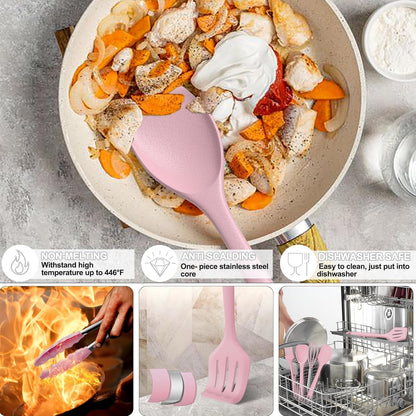 22-Piece Silicone Cooking Utensils Set, Heat Resistant & Dishwasher Safe Kitchen Tools, Non-Scratch Spatula Set for Nonstick Cookware (Pink)4