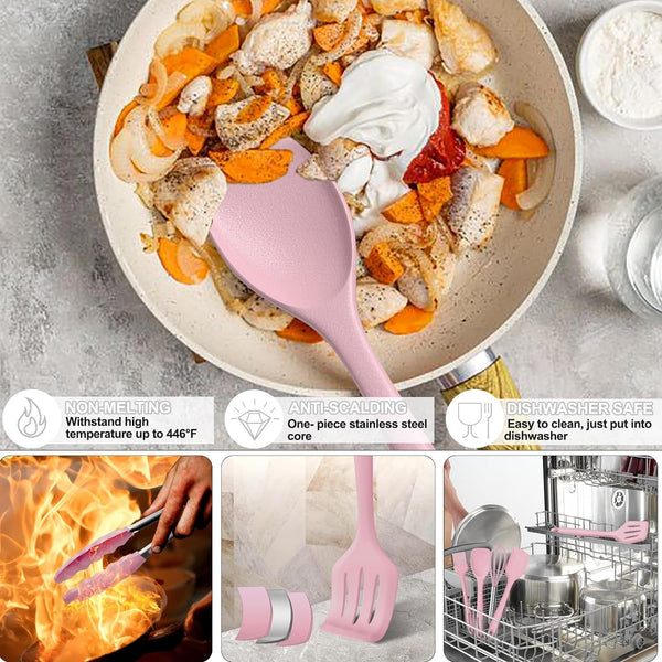 22-Piece Silicone Cooking Utensils Set, Heat Resistant & Dishwasher Safe Kitchen Tools, Non-Scratch Spatula Set for Nonstick Cookware (Pink)4