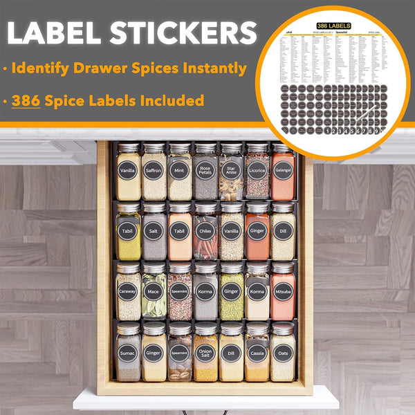 Spice Drawer Organizer with 28 Spice Jars, 386 Spice Labels, 4 Tier Seasoning Rack Tray Insert for Kitchen Drawers, 13" Wide X 17.5" Deep3