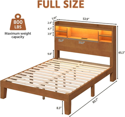 Queen Size Solid Wood Platform Bed Frame with LED Headboard, Remote & App Control, Dimmable & Color-Changing Lighting, Solid Pine & Oak Construction, No Box Spring Needed, Natural Oak Finish2