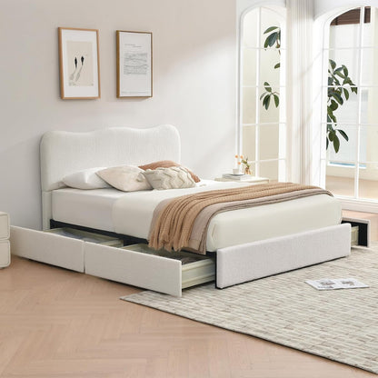 Queen Size Storage Bed Frame with 4 Pull-Out Drawers, Modern Upholstered Boucle Platform Bed with Curved Headboard, Wood Slats, No Box Spring Needed, Cream White7