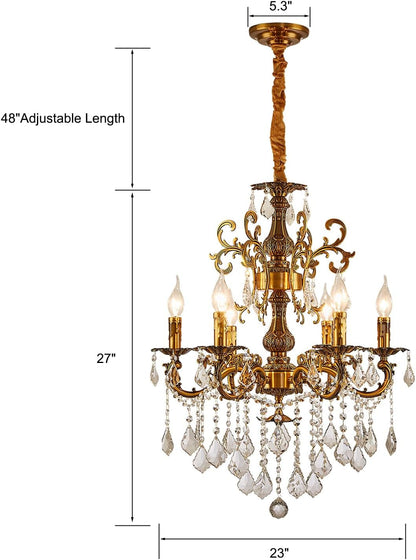 Vintage 6 Arms Crystal Chandelier Candle Light Fixture for Dining Room Living Room Bedroom Hallway Entryway Antique Gold Finish (23"-6 Lights)2
